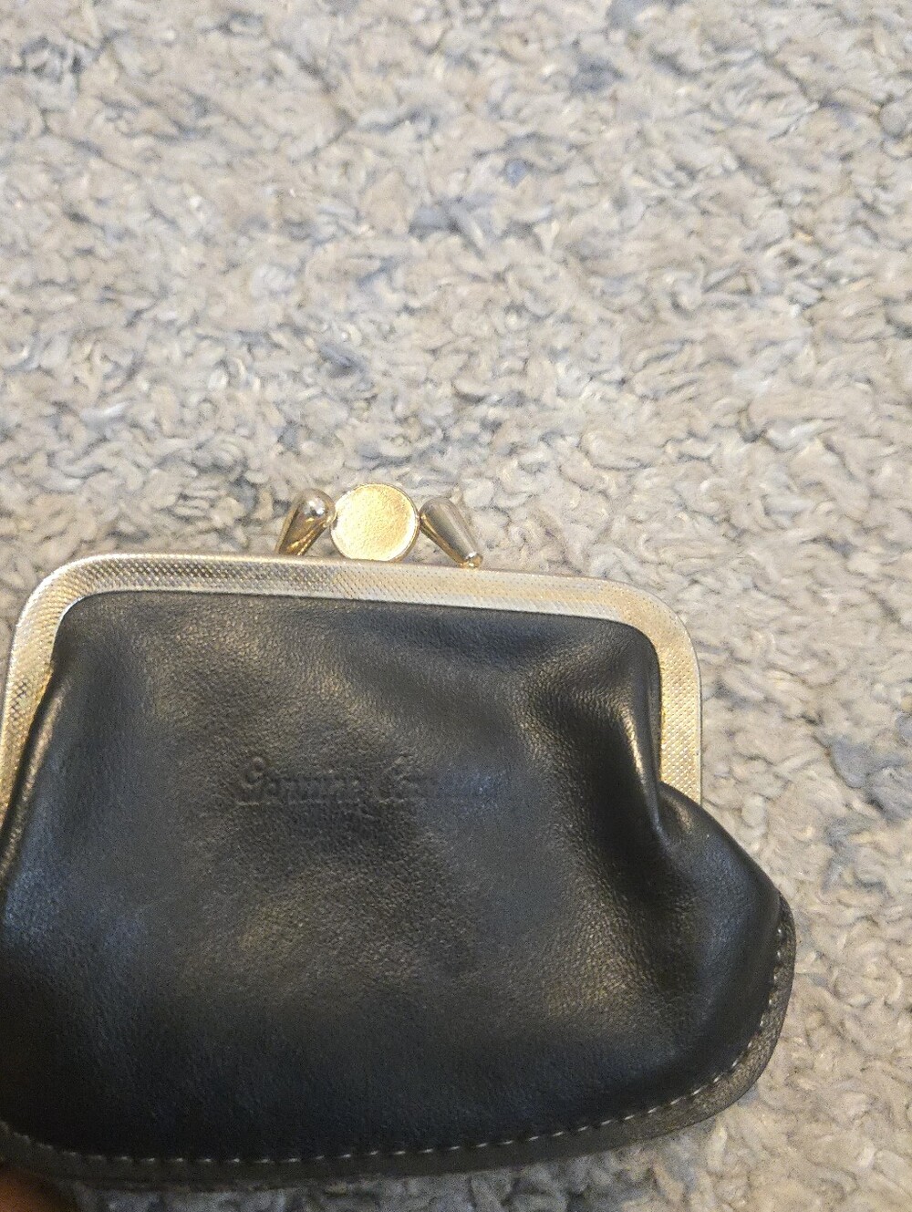 Vintage Genuine Leather Kiss Lock Coin Purse Double Compartment Black Gold Clasp - Picture 4 of 9